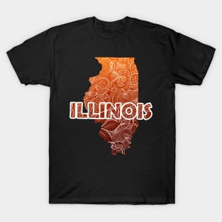 Colorful mandala art map of Illinois with text in red and orange Colorful mandala art map of Illinois with text in brown and orange T-Shirt